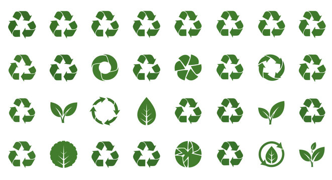 A Collection of Various Green Recycling Symbols and Environmental Icons Representing Sustainability and Eco-Friendly Practices