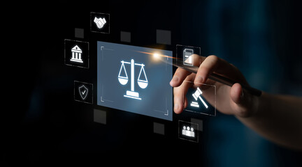 Legal compliance and governance concept showing justice scale, courthouse, contract, policy,...