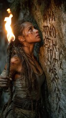 Fototapeta premium Close-up: woman holds torch, warm flicker lights her face, cave wall glows in ancient flame.