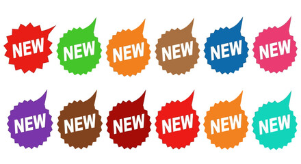 Collection of colorful starburst shaped badges with the word NEW in white letters on a light background promoting new products and sales events