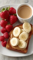 Plant-based sandwich ingredients arranged on a plate with fresh fruit and coffee in a bright kitchen setting