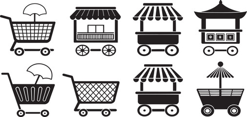  Supermarket Trolley and Basket Vector Icons