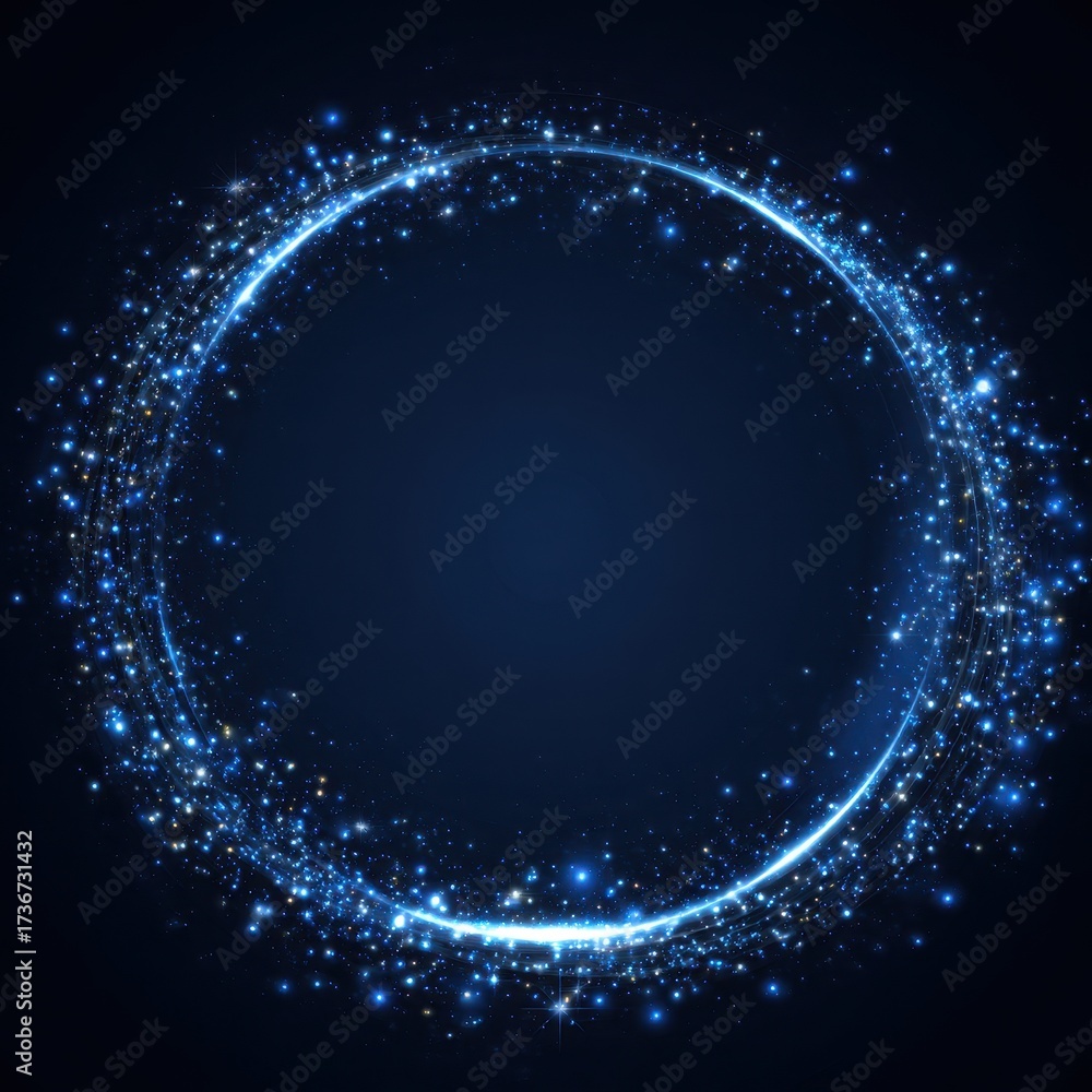 Wall mural shiny circular element on deep blue background - modern design with bright lights and abstract art