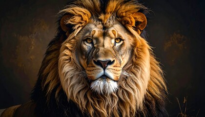 A majestic lion king, showcasing a close-up portrait with rich golden and brown tones, set against a dark backdrop.