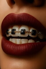 Close-up of woman's mouth with dark red lipstick and modern dental braces