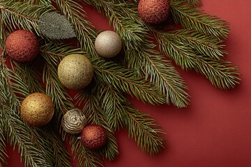 Festive Christmas decorations with shiny ornaments and pine branches on red background