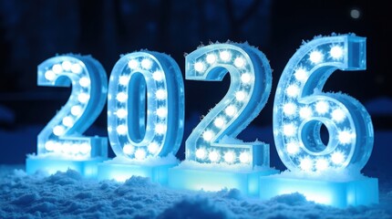 Glowing blue numbers 2026 illuminated with lights in the snow