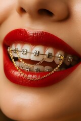 Smiling Woman Showing Teeth with Gold Braces Chain and Vibrant Red Lipstick