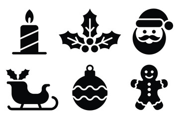 Christmas holiday icons set silhouette simple festive objects candle holly santa sleigh ornament gingerbread man