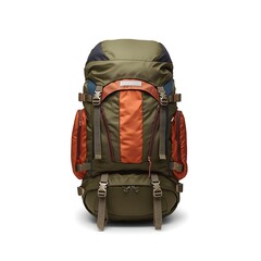 Large orange and green hiking backpack isolated on white background