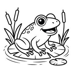 Happy cartoon frog sitting on a lily pad in a pond