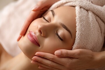 Serene Spring Massage: Tranquil Woman Receiving a Facial Treatment in a Luxurious Spa Setting