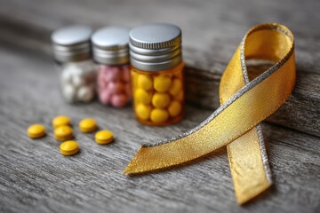 Golden Ribbon and Medicine Emblem: Symbol of Support for Pediatric Cancer Awareness and Childhood Health Care