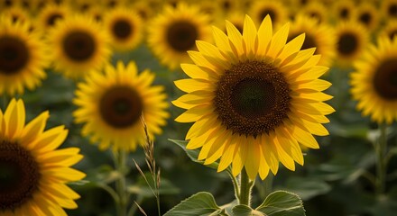 Obraz premium Vibrant Sunflower Field Bathed in Golden Summer Sunlight on a Clear Day