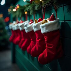 hanging red christmas stockings filled with gifts, copyspace, green background