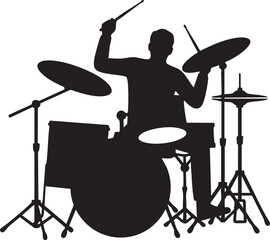 Dynamic drummer silhouette playing a full drum kit with energy