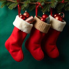 hanging red christmas stockings filled with gifts, copyspace, green background