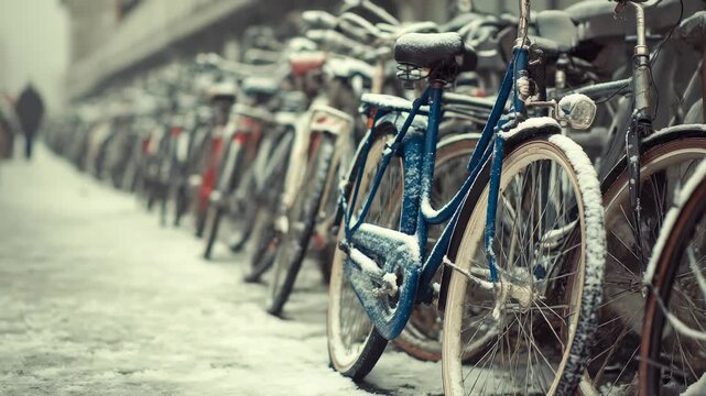 Numerous bicycles are lined up in a city during winter, covered with a light layer of snow. The scene captures the resilience of urban commuters in cold, snowy weather