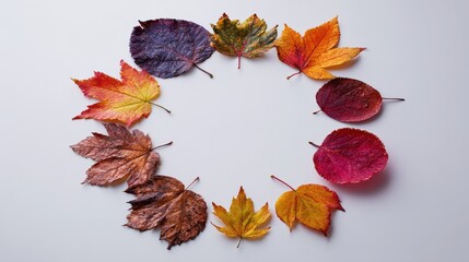 Vibrant Circle of Painted Fall Leaves on Crisp White Canvas - A Botanical Art Composition