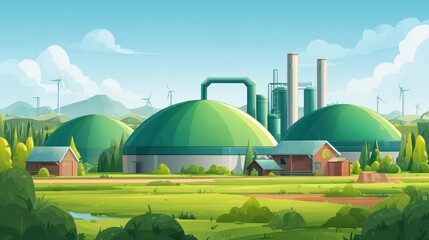 Biogas Energy Facility: Eco-Friendly Power Plant Surrounded by Lush Fields for Sustainable Agribusiness and Low Emission Production