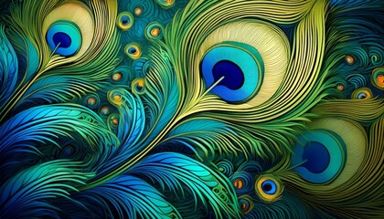 vibrant green and blue peacock feather pattern with intricate fractal and floral details