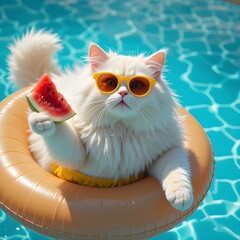 Adorable white cat wearing sunglasses and yellow shorts, floating on an inflatable ring in a swimming pool while holding a slice of watermelon, creating a fun summer vacation concept