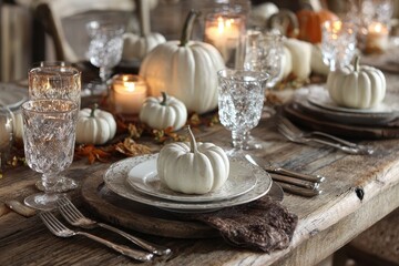 Charming Rustic Holiday Table Setting: Mini Pumpkins and Crystal Glassware for Thanksgiving and Halloween Celebrations