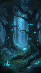 A magical forest pathway surrounded by ancient trees and glowing blue elements, leading into a mysterious fantasy world