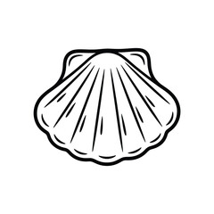 Simple black and white line drawing of a scallop shell