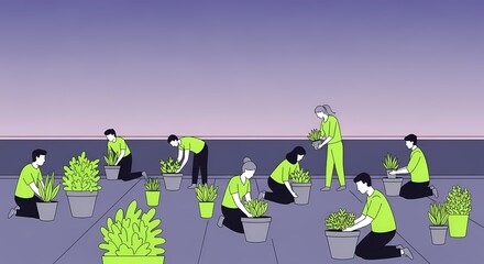 Diverse group engaged in urban rooftop gardening community project illustration
