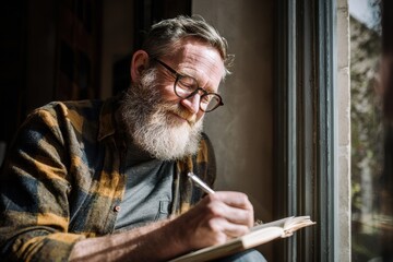 Naklejka premium Smiling Mature Man with Glasses Writing in Notebook by a Sunny Window