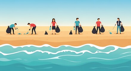 Group of volunteers collecting trash during a beach cleanup environmental action