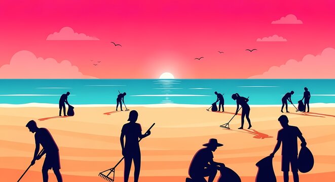Silhouette of volunteers cleaning a beach at sunset illustration
