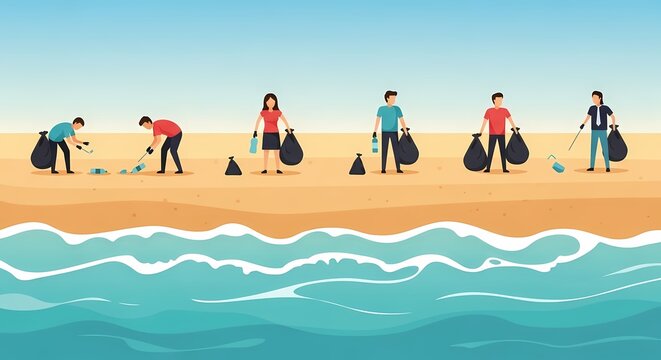 Group of volunteers collecting trash during a beach cleanup environmental action - Powered by Adobe