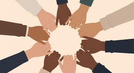 Diverse hands joined in a circle symbolizing unity and teamwork