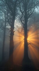 Golden sun rays breaking through tall tree trunks in a misty forest during early morning, creating a dramatic and mystical natural atmosphere