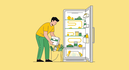 Person Putting Groceries Away In Refrigerator After Shopping With Fresh Food And Produce