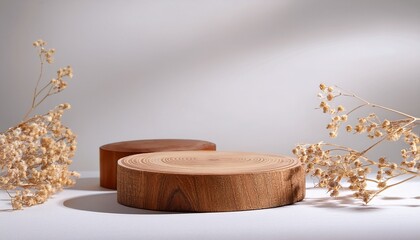 wooden podiums on white background with dried flowers mockup for product presentation
