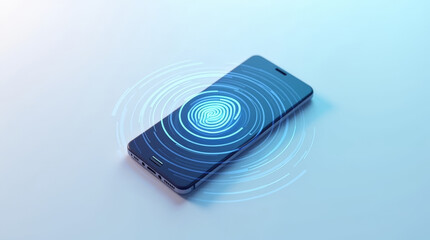 Fingerprint biometric security on smartphone with circular UI on blue background, mobile security, biometric login, digital authentication and data protection concepts