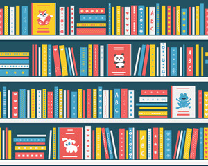 BookShelves with Books. Seamless Pattern. Shelves with Kids Books. Picture Books. Library Interior. Bookstore Interior. Children's books on the White Shelves. Vector in Blue, Yellow, Red, White.