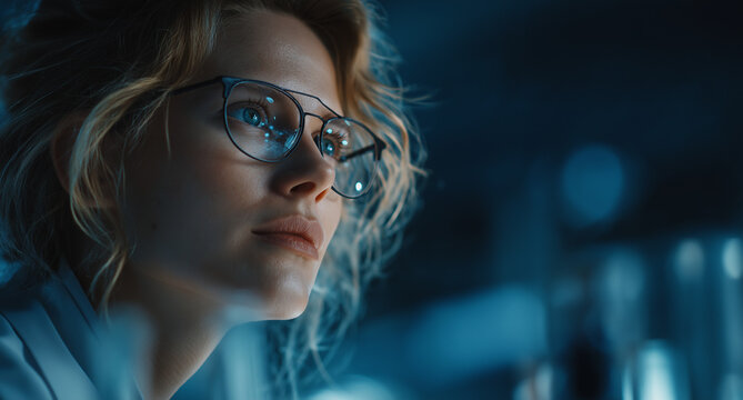Intelligent woman wearing glasses reflecting digital data analyzing futuristic technology with soft ambient glow