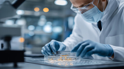 Indian data scientist&rsquo;s gloved hands adjusting quantum computing chips in a cleanroom, futuristic tech innovation, sterile circuit handling, sustainable digital advancement, precision quantum