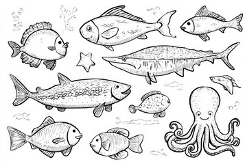 Obraz premium Adorable Ocean Creatures Coloring Page. Cute Cartoon Fish, Octopus, and More in Shades of Blue for Kids