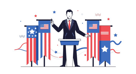 Political Figure Addressing Audience With American Flags Depicting Patriotism and Election Time