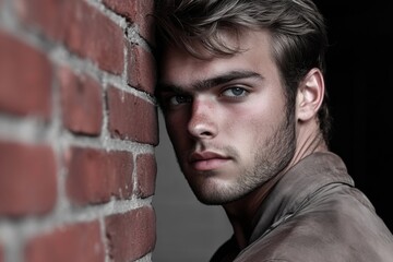 Fototapeta premium Young caucasian male leaning against brick wall with intense gaze