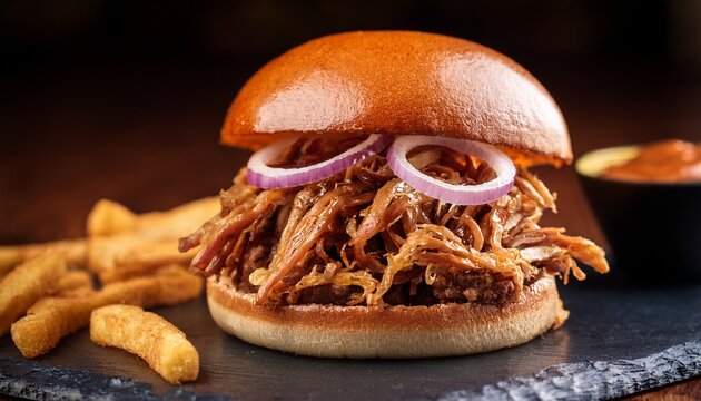 a close up of a gourmet pulled pork burger with crispy onion rings perfect for the foodie - Powered by Adobe