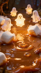 Glowing translucent marshmallow ghosts floating over a pool of warm liquid caramel and melting sweets. Halloween illustration mixing food and natural elements.