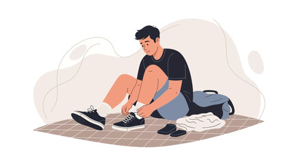 Preparing For Practice: A Young Athlete Lacing His Running Shoes Or Sneakers