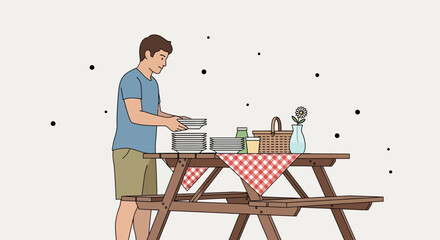 Fototapeta premium Preparing Picnic, Man Arranging Dishes on Table, Ready For Meal Outdoor, Leisure Time