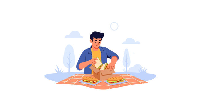 Preparing Food For A Picnic, A Young Man Organizes Sandwiches and Snacks Outdoors